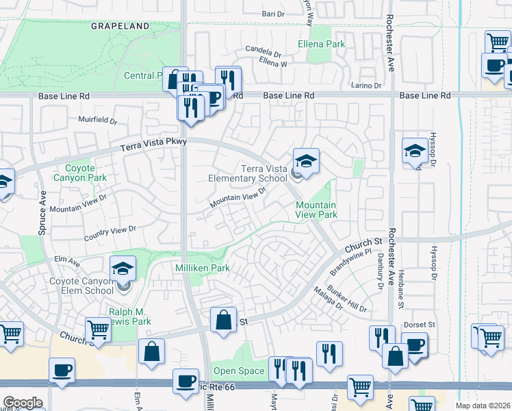 map of restaurants, bars, coffee shops, grocery stores, and more near 7529 Hardy Avenue in Rancho Cucamonga