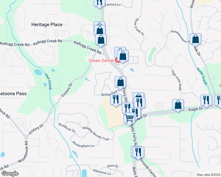 map of restaurants, bars, coffee shops, grocery stores, and more near 208 Chelsea Court in Woodstock