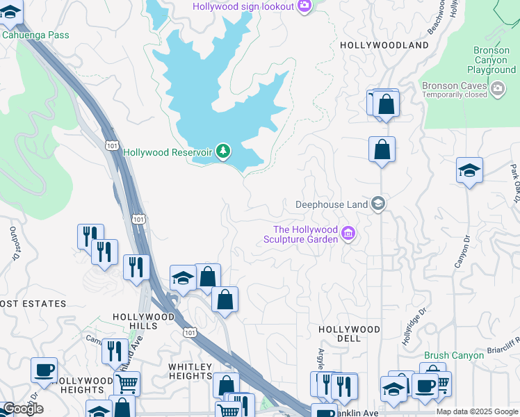 map of restaurants, bars, coffee shops, grocery stores, and more near 6425 Weidlake Drive in Los Angeles