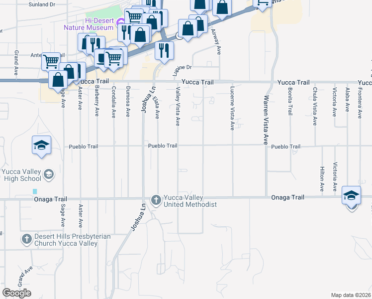 map of restaurants, bars, coffee shops, grocery stores, and more near 57383 Pueblo Trail in Yucca Valley