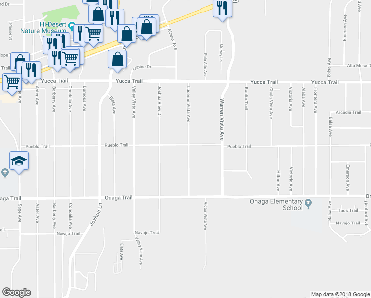 map of restaurants, bars, coffee shops, grocery stores, and more near 57565 Pueblo Trail in Yucca Valley