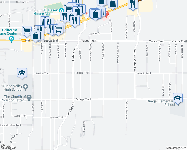 map of restaurants, bars, coffee shops, grocery stores, and more near 57373 Pueblo Trail in Yucca Valley