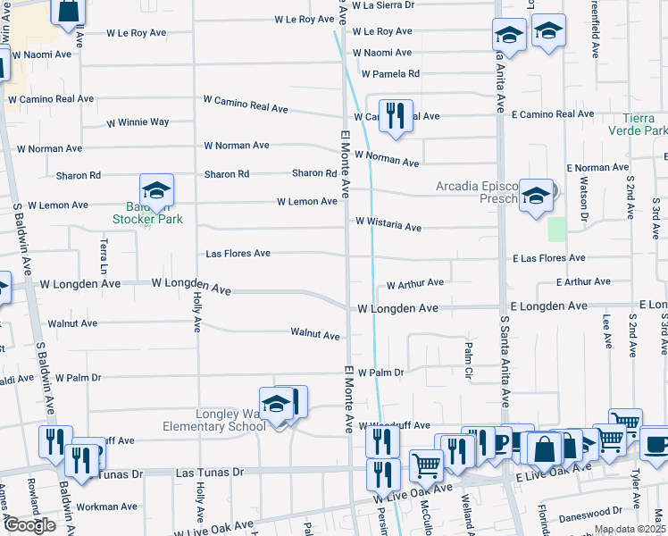 map of restaurants, bars, coffee shops, grocery stores, and more near 212 West Las Flores Avenue in Arcadia