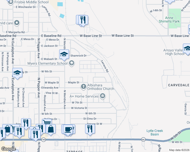 map of restaurants, bars, coffee shops, grocery stores, and more near 820 San Carlo Avenue in San Bernardino