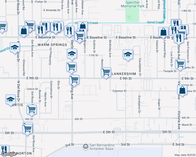 map of restaurants, bars, coffee shops, grocery stores, and more near 25847 East 9th Street in San Bernardino