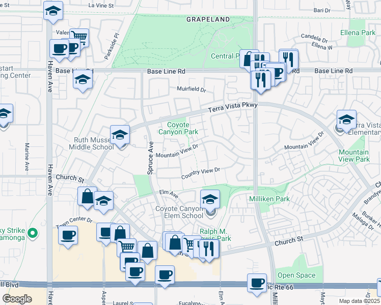 map of restaurants, bars, coffee shops, grocery stores, and more near 11090 Mountain View Drive in Rancho Cucamonga