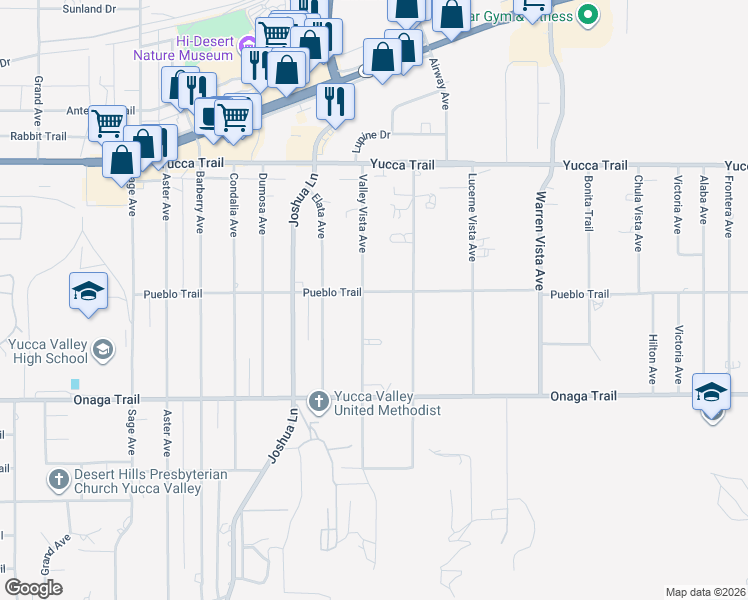 map of restaurants, bars, coffee shops, grocery stores, and more near 57373 Pueblo Trail in Yucca Valley
