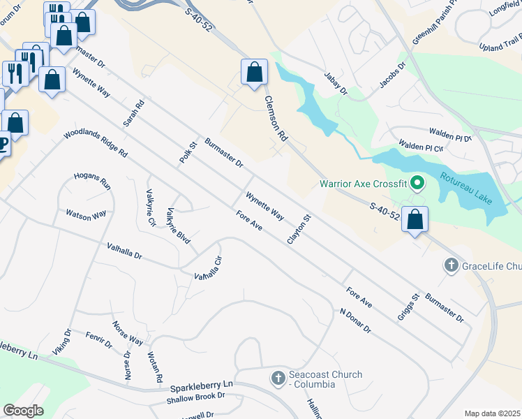map of restaurants, bars, coffee shops, grocery stores, and more near 412 Wynette Way in Columbia