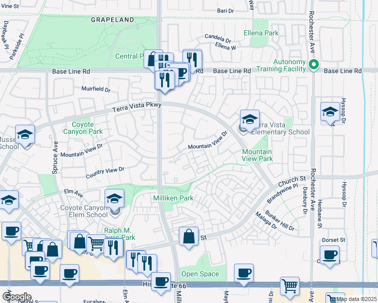 map of restaurants, bars, coffee shops, grocery stores, and more near 11433 Mountain View Drive in Rancho Cucamonga