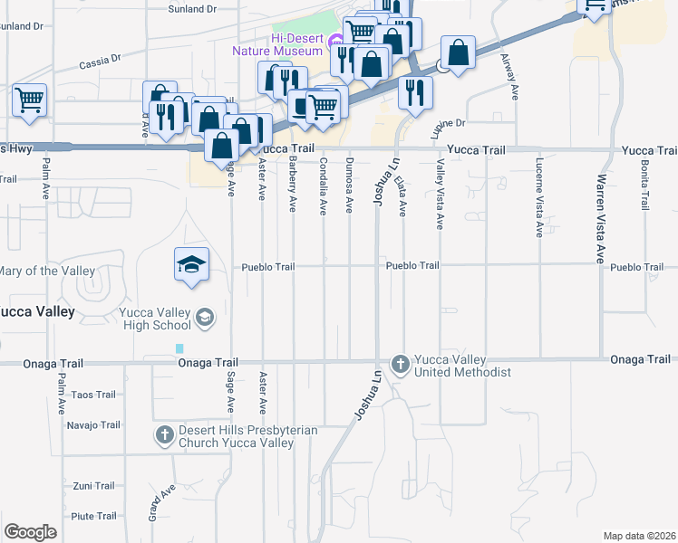 map of restaurants, bars, coffee shops, grocery stores, and more near 57155 Pueblo Trail in Yucca Valley