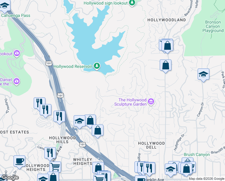 map of restaurants, bars, coffee shops, grocery stores, and more near 6425 Weidlake Drive in Los Angeles