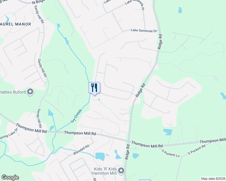 map of restaurants, bars, coffee shops, grocery stores, and more near 3447 Seneca Farm Drive Northeast in Buford