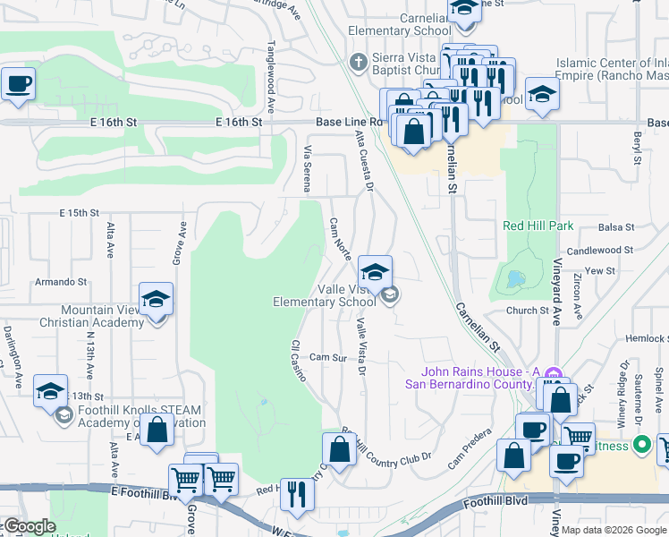 map of restaurants, bars, coffee shops, grocery stores, and more near 7630 Buena Vista Drive in Rancho Cucamonga