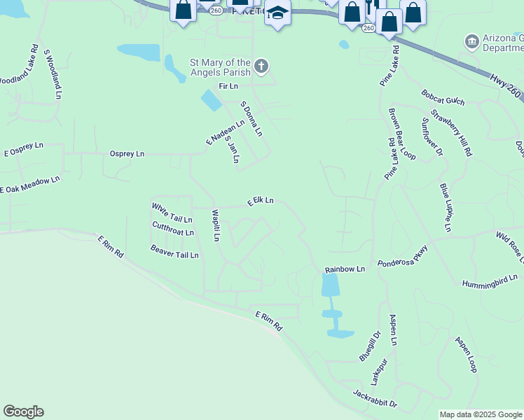 map of restaurants, bars, coffee shops, grocery stores, and more near 1772 East Arrowhead Lane in Pinetop-Lakeside