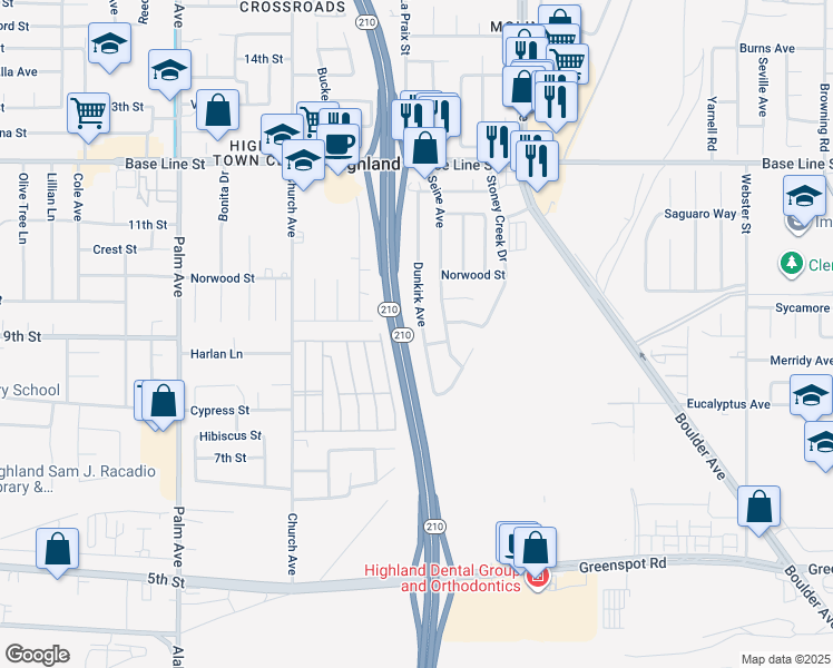 map of restaurants, bars, coffee shops, grocery stores, and more near 7600 Dunkirk Avenue in Highland