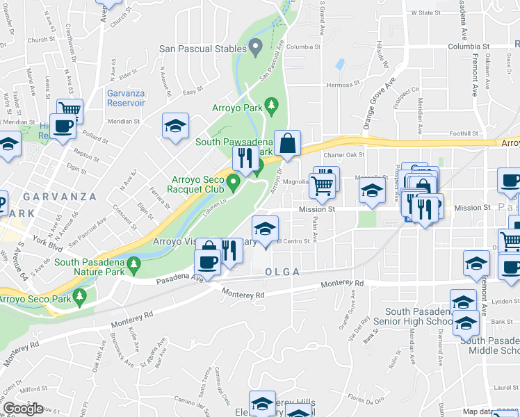 map of restaurants, bars, coffee shops, grocery stores, and more near 300 Mission Street in South Pasadena