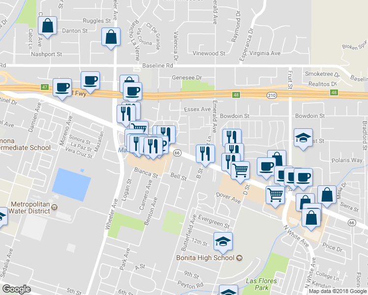 map of restaurants, bars, coffee shops, grocery stores, and more near 1730 Eaton Place in La Verne