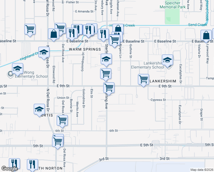 map of restaurants, bars, coffee shops, grocery stores, and more near 9th St & Sterling Ave in San Bernardino