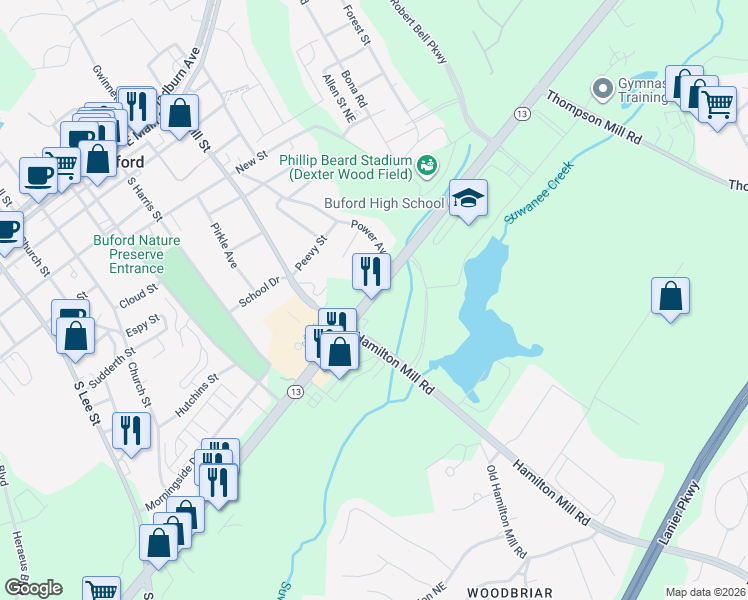 map of restaurants, bars, coffee shops, grocery stores, and more near 2305 Gainsville Highway in Buford
