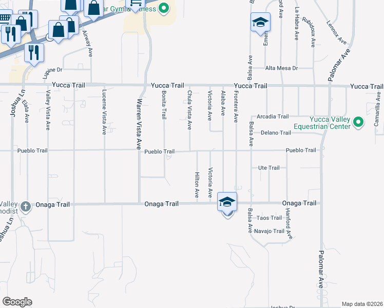map of restaurants, bars, coffee shops, grocery stores, and more near 7516 Hilton Avenue in Yucca Valley