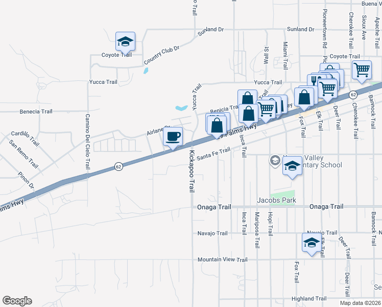 map of restaurants, bars, coffee shops, grocery stores, and more near 55267 Twentynine Palms Highway in Yucca Valley