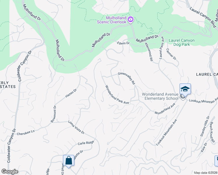 map of restaurants, bars, coffee shops, grocery stores, and more near 9001 Wonderland Park Avenue in Los Angeles