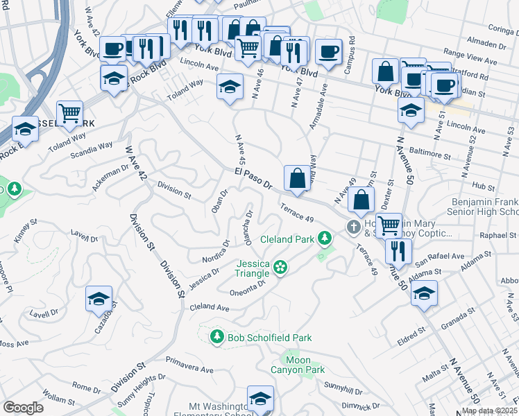 map of restaurants, bars, coffee shops, grocery stores, and more near 1087 Oneonta Drive in Los Angeles