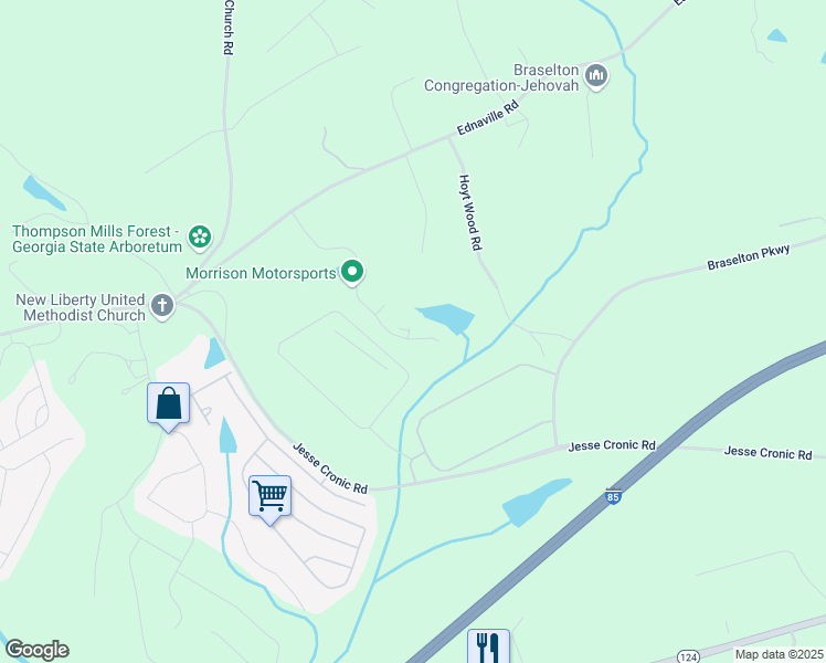 map of restaurants, bars, coffee shops, grocery stores, and more near 445 Fox Creek Drive in Braselton