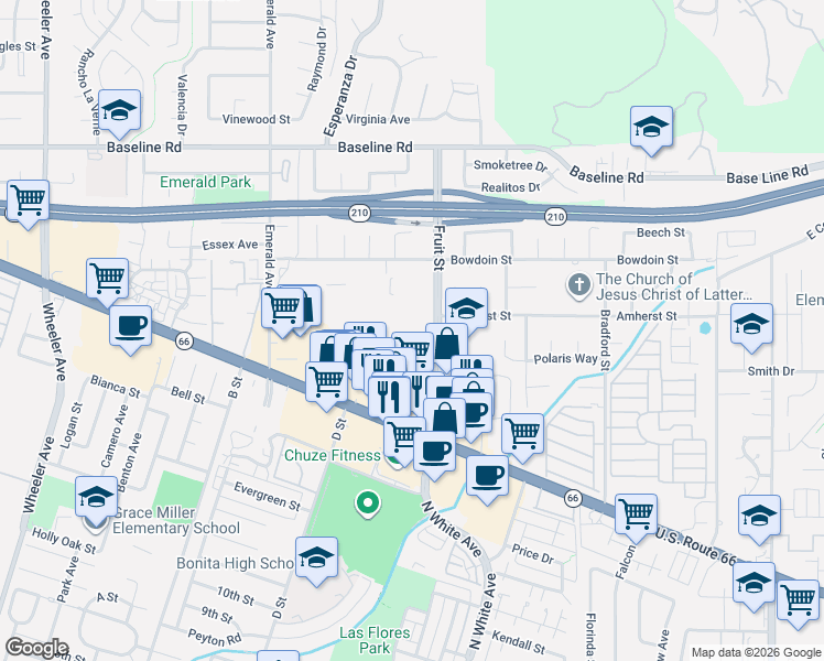 map of restaurants, bars, coffee shops, grocery stores, and more near 4095 Fruit Street in La Verne