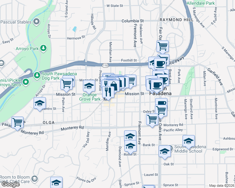 map of restaurants, bars, coffee shops, grocery stores, and more near 1035 Mission Street in South Pasadena