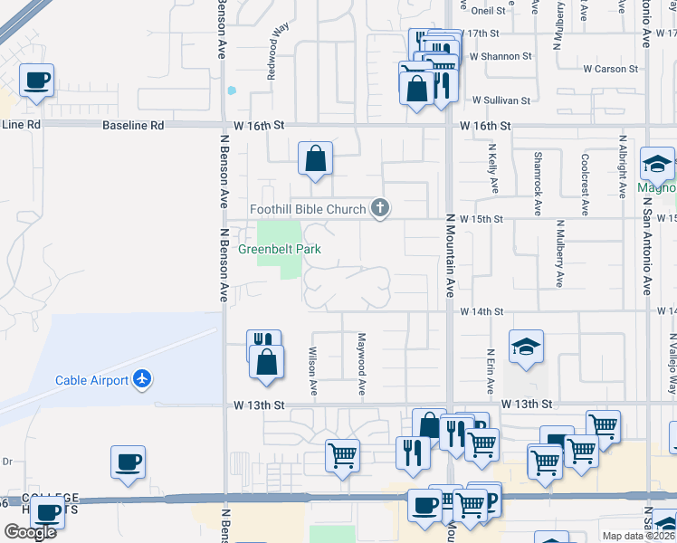map of restaurants, bars, coffee shops, grocery stores, and more near 1438 West Lemonwood Drive in Upland
