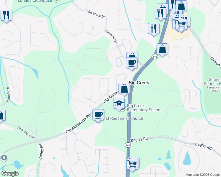 map of restaurants, bars, coffee shops, grocery stores, and more near 2060 Manor View in Cumming