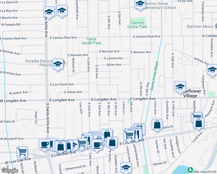 map of restaurants, bars, coffee shops, grocery stores, and more near 338 East Las Flores Avenue in Arcadia