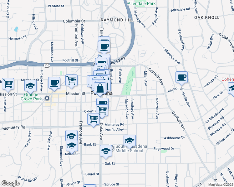 map of restaurants, bars, coffee shops, grocery stores, and more near 1720 Mission Street in South Pasadena