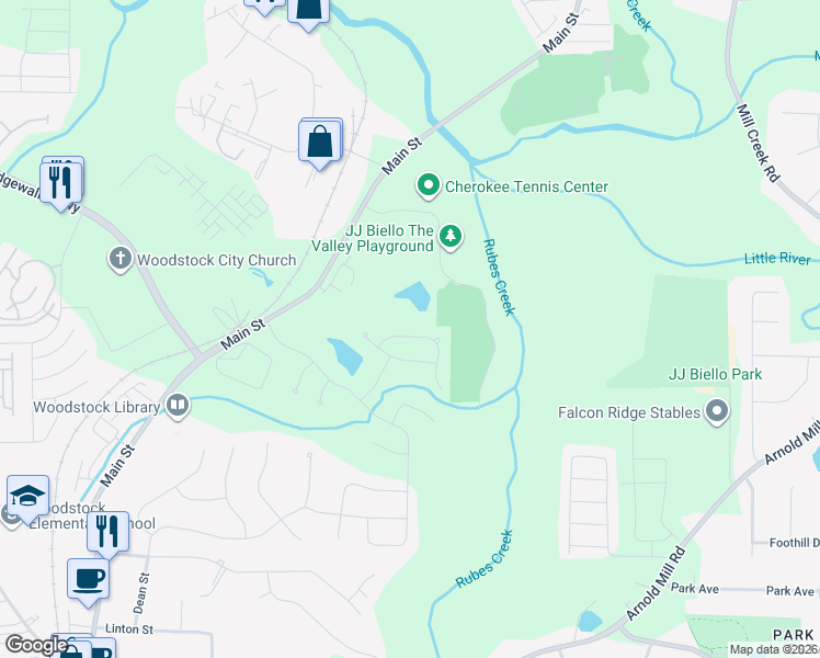 map of restaurants, bars, coffee shops, grocery stores, and more near 350 Spotted Ridge Circle in Woodstock