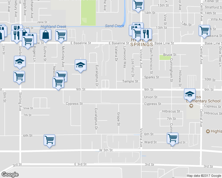 map of restaurants, bars, coffee shops, grocery stores, and more near 26308 9th Street in Highland