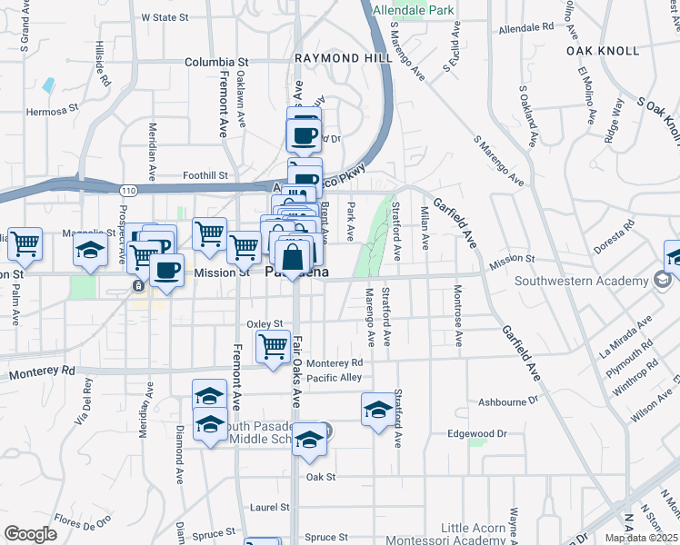 map of restaurants, bars, coffee shops, grocery stores, and more near 1700 Mission Street in South Pasadena