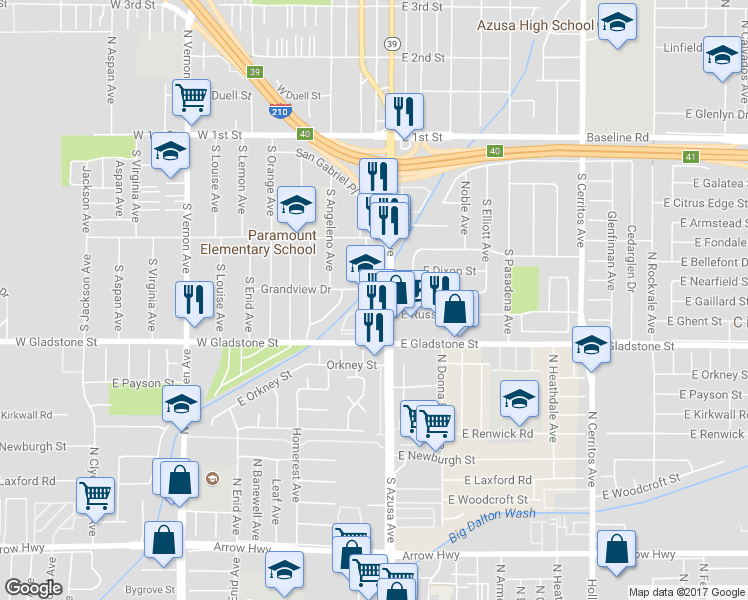 map of restaurants, bars, coffee shops, grocery stores, and more near 405 South Azusa Avenue in Azusa