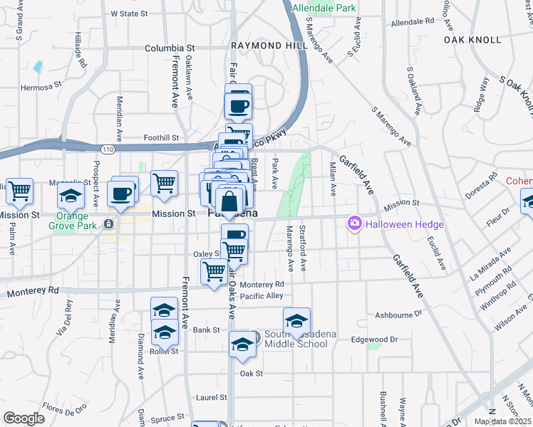 map of restaurants, bars, coffee shops, grocery stores, and more near 1720 Mission Street in South Pasadena