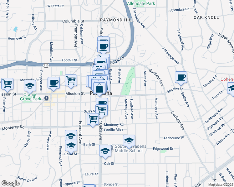 map of restaurants, bars, coffee shops, grocery stores, and more near 1720 Mission Street in South Pasadena
