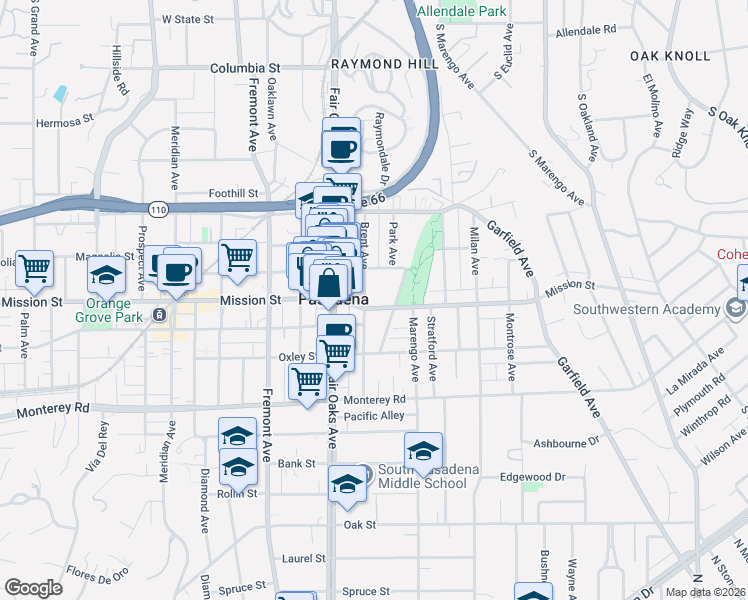 map of restaurants, bars, coffee shops, grocery stores, and more near 1700 Mission Street in South Pasadena