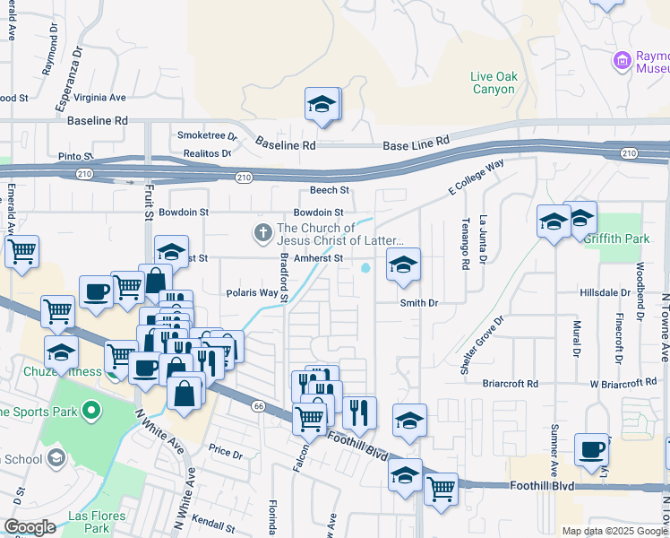 map of restaurants, bars, coffee shops, grocery stores, and more near 4181 Melody Street in La Verne