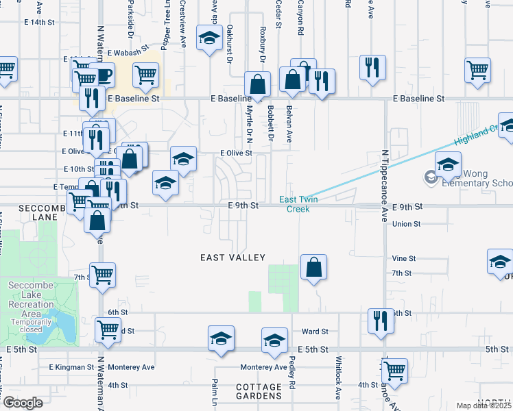 map of restaurants, bars, coffee shops, grocery stores, and more near 763 9th Street in San Bernardino