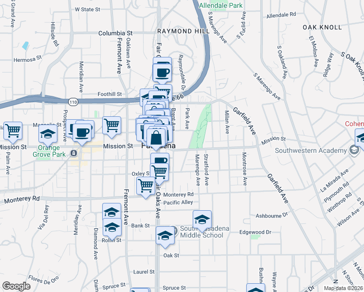 map of restaurants, bars, coffee shops, grocery stores, and more near 1720 Mission Street in South Pasadena
