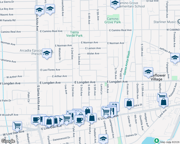 map of restaurants, bars, coffee shops, grocery stores, and more near 338 East Las Flores Avenue in Arcadia