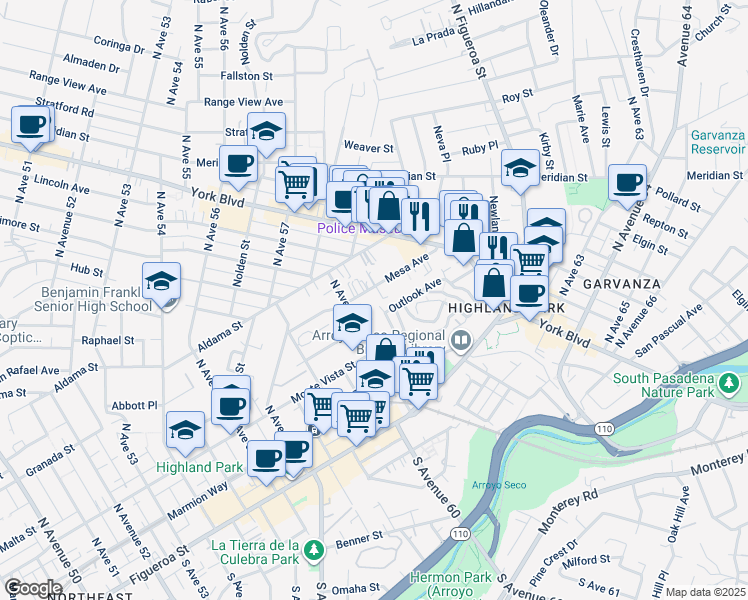 map of restaurants, bars, coffee shops, grocery stores, and more near 6122 Mesa Avenue in Los Angeles
