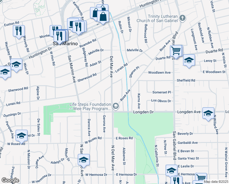 map of restaurants, bars, coffee shops, grocery stores, and more near 1960 Del Mar Avenue in San Marino