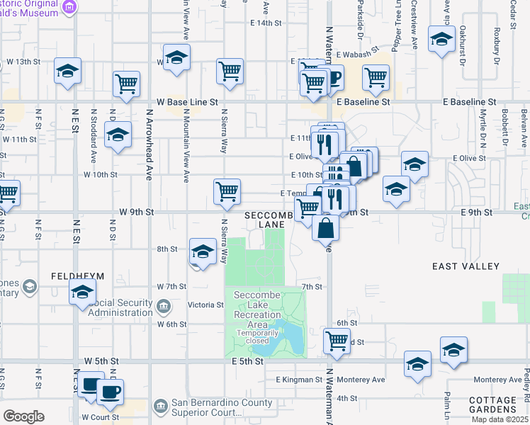 map of restaurants, bars, coffee shops, grocery stores, and more near 218 9th Street in San Bernardino