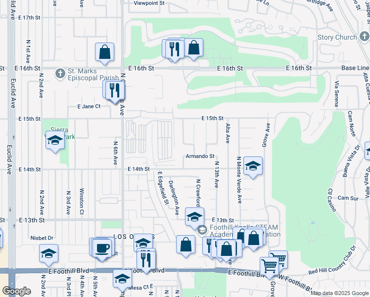 map of restaurants, bars, coffee shops, grocery stores, and more near 1184 Arturo Street in Upland
