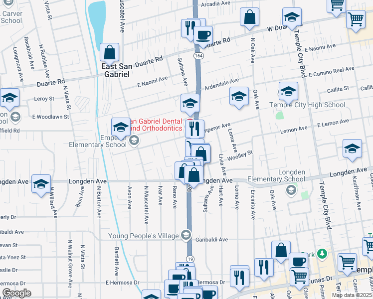 map of restaurants, bars, coffee shops, grocery stores, and more near 6415 Rosemead Boulevard in San Gabriel